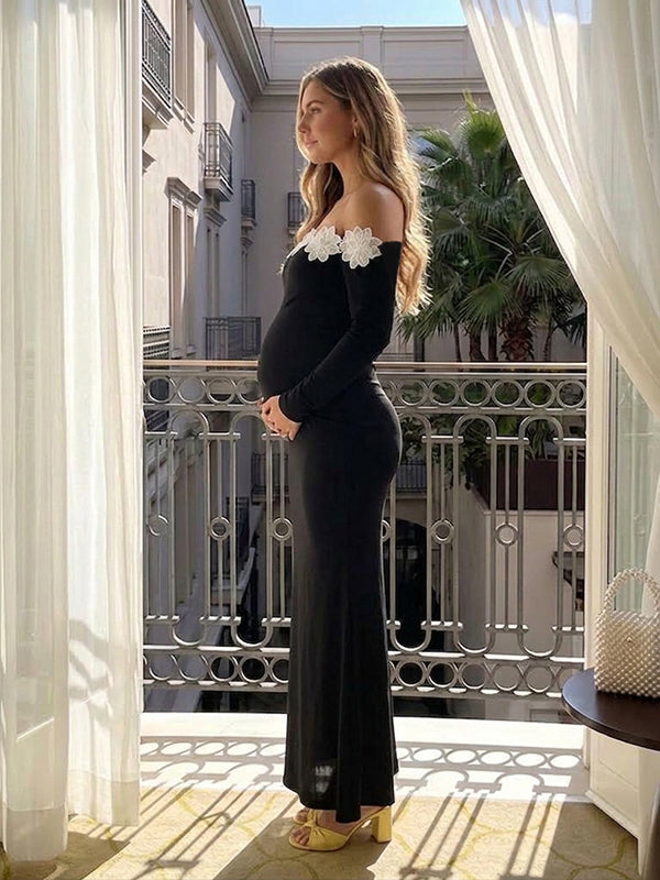 Black Flowers Off Shoulder Maternity Maxi Dress with Mermaid Bodycon Fit Off Shoulder