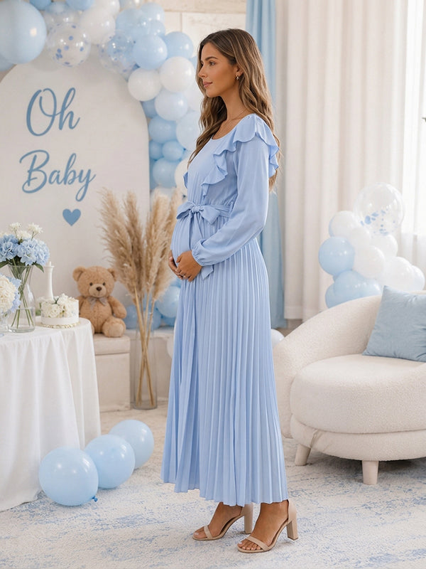 Blue Pleated Belt Falbala Baby Shower Maternity Maxi Dress with Pleated Belt Falbala Flowy Loose Fit