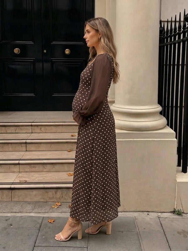 Brown Polka Dot A-Line Maternity Maxi Dress with Lantern Sleeve Styling A-Line