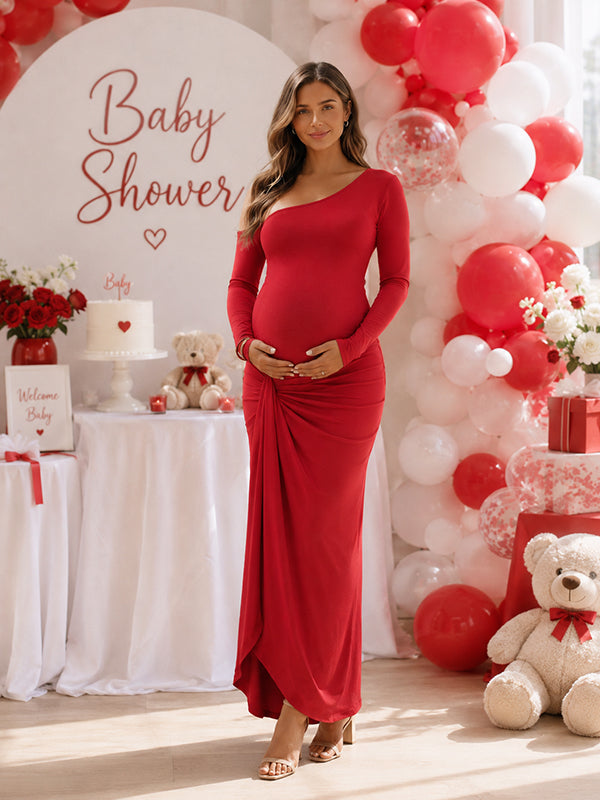 Red Oblique Shoulder Side Slit Baby Shower Maternity Maxi Dress with Oblique Shoulder Side Slit Polyester