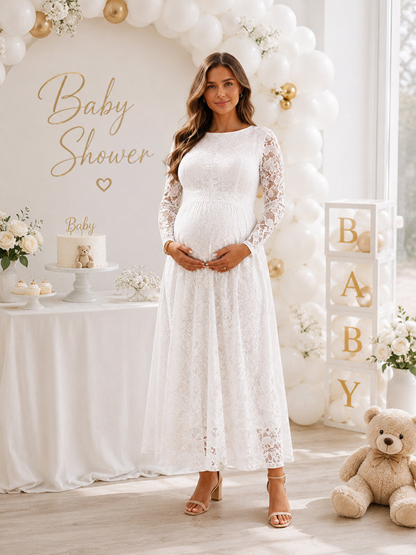 White Lace A-Line Baby Shower Maternity Maxi Dress with Transparent Lace and Lace, Baby Shower Cocktail Parties