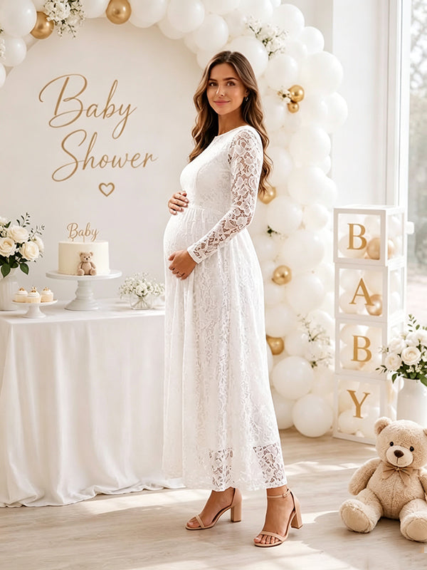 White Lace A-Line Baby Shower Maternity Maxi Dress with Transparent Lace Lace