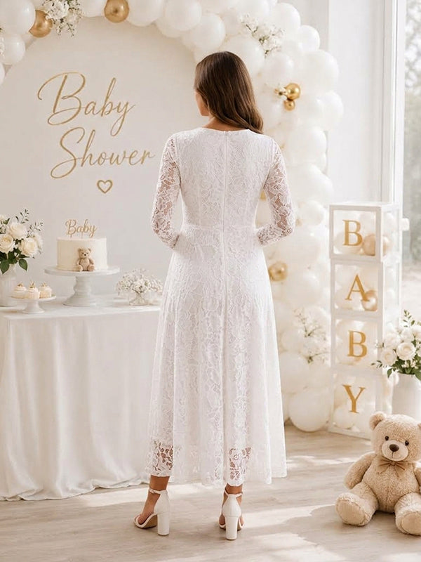 White Lace A-Line Baby Shower Maternity Maxi Dress with Transparent Lace