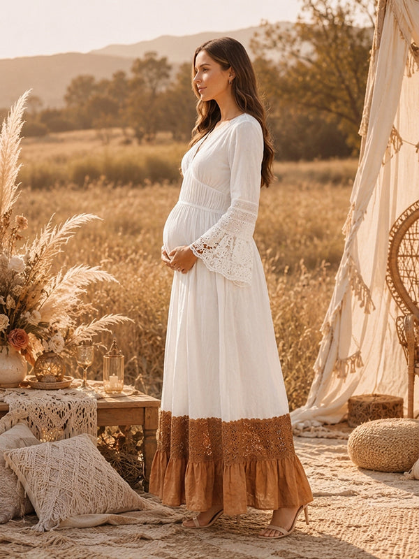Beige Lace Falbala Photoshoot Maternity Maxi Dress with Flowy Details Smooth Polyester