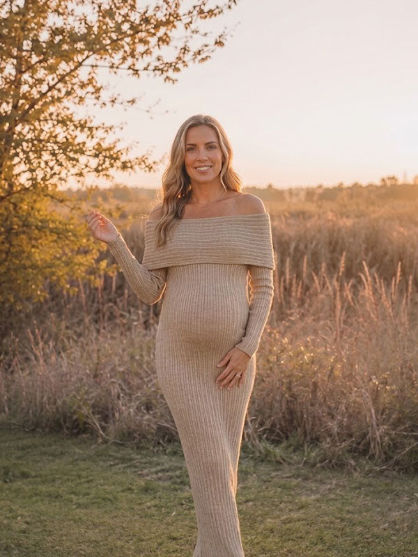 Khaki Off-The-Shoulder Maternity Sweater Dress with Long Sleeves and Slim Pencil Silhouette