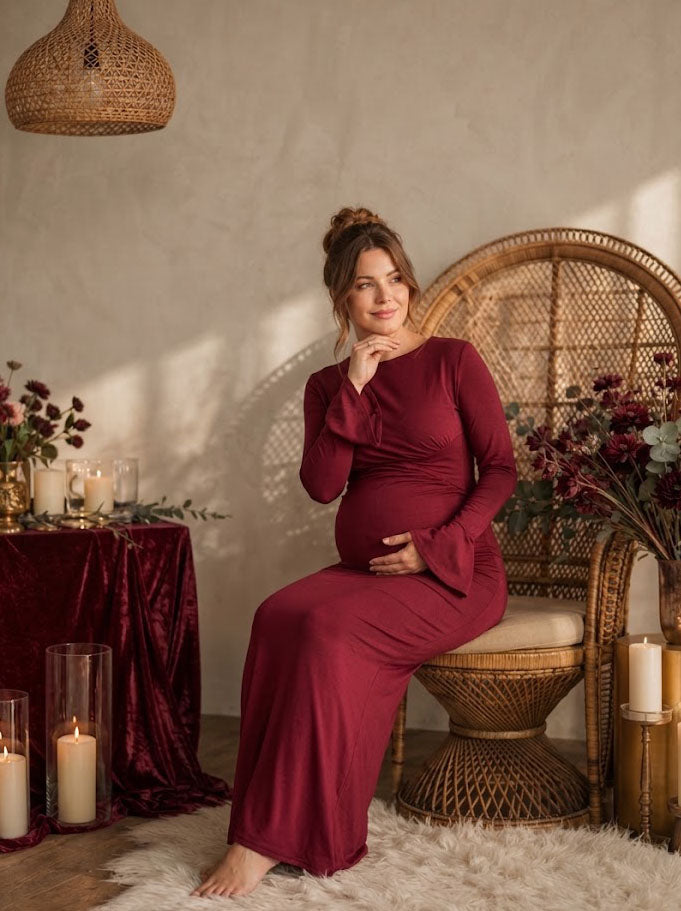 Red Long Sleeve Maternity Gown with Asymmetrical Ruched and Flared Cuffs Slim Fit