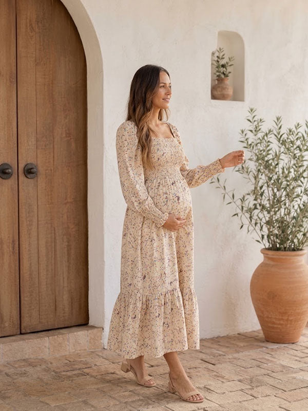 Light Yellow Ditsy Floral Maternity Dress with Shirred Bust and Tiered Ruffle Hem Flowy Fit