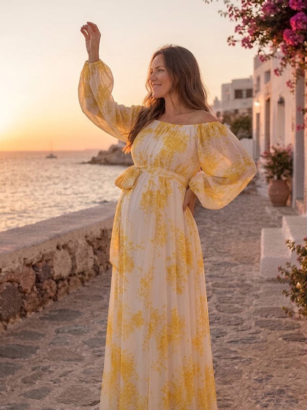 Yellow Floral Off-The-Shoulder Maternity Maxi Dress with Lantern Sleeves and Waist Bow A-Line Fit