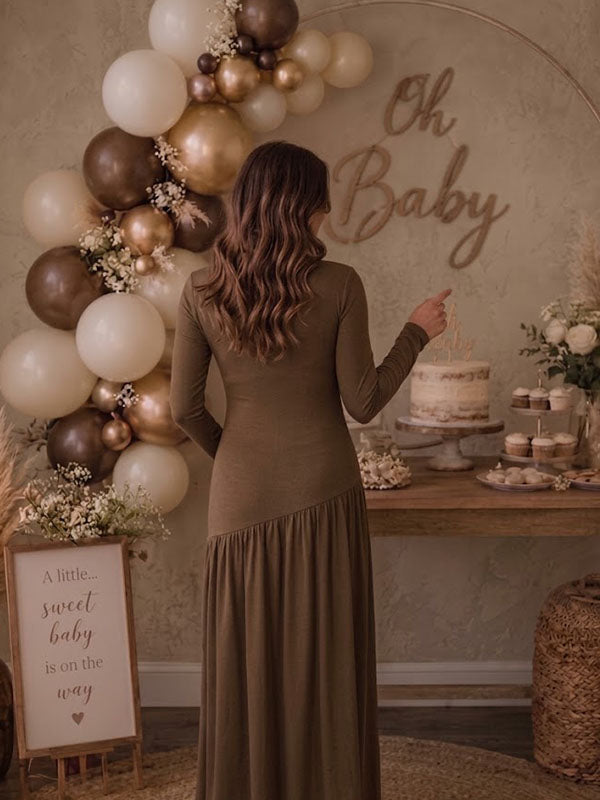 Brown Maternity Baby Shower Gown with Fitted Long Sleeves and Gathered Flounce Skirt