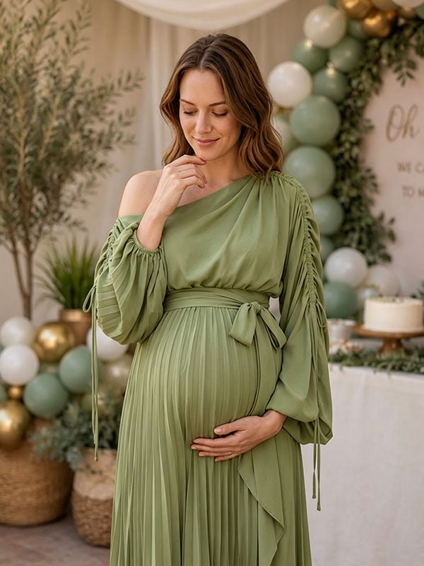 Green One-Shoulder Maternity Maxi Dress with Pleated Skirt and Drawstring Ruched Sleeves