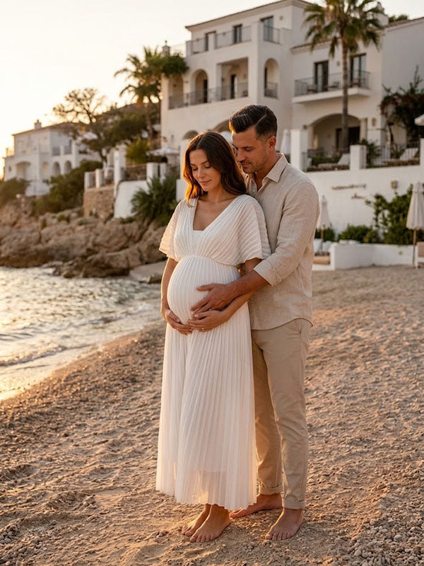 White V-Neck Maternity Maxi Dress with Pleated Butterfly Sleeves and Flowy Skirt
