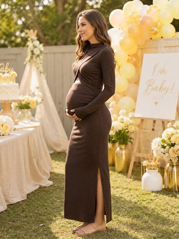 Brown Maternity Dress with Cut Out and Slit Details Bodycon Fit