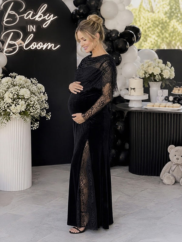 Black Lace Maternity Dress with Splicing Accents Bodycon Fit