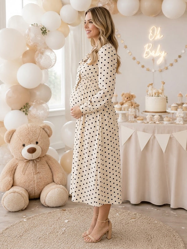 White Polka Dot Maternity Dress with Bow Detailing Bodycon Fit
