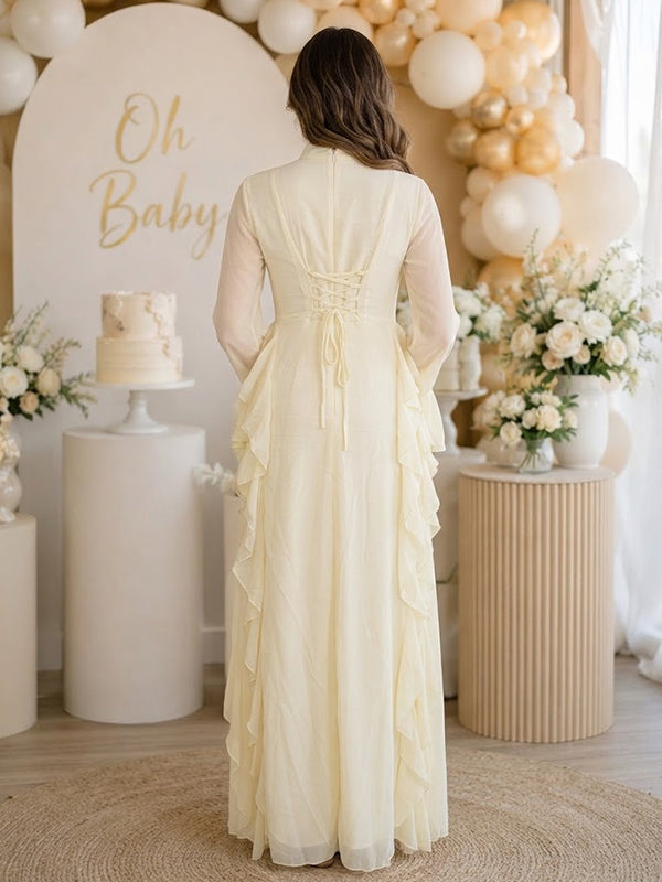 Yellow Maternity Maxi Dress with Falbala Detailing Bodycon Fit