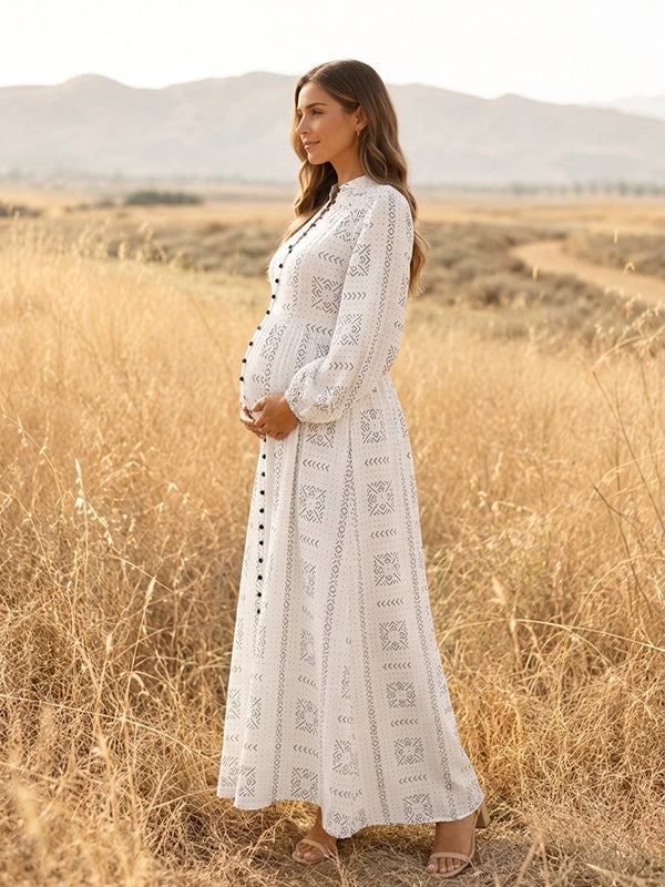 White Geometric Floral Single Breasted Photoshoot Maternity Maxi Dress with White Geometric Prints Single Breasted