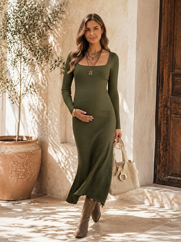 Green Crochet Bodycon Maternity Maxi Dress with Square Neck and Soft Cotton Blend Fabric, Daily Casual