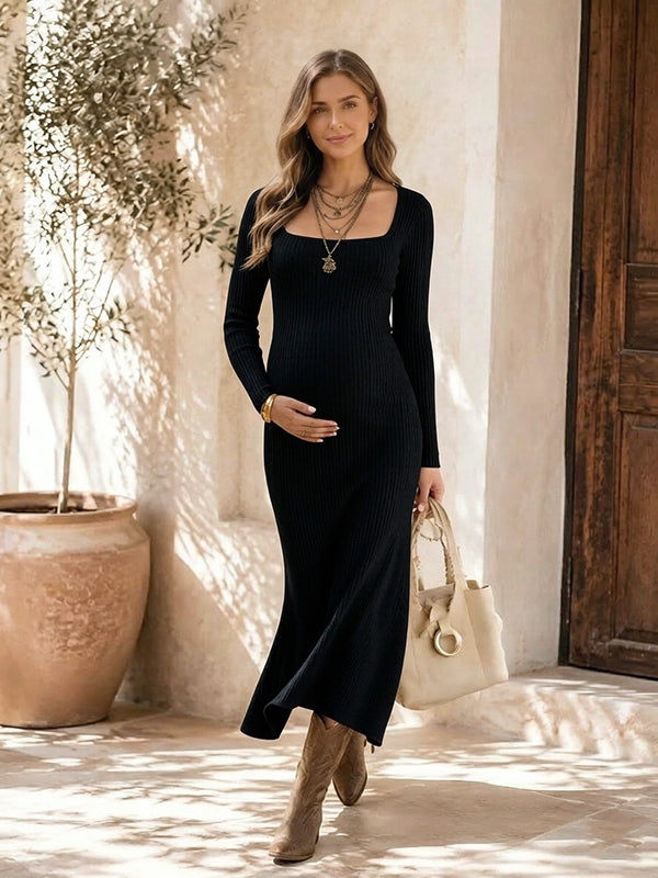 Black Crochet Bodycon Maternity Maxi Dress with Square Neck and Soft Cotton Blend Fabric, Daily Casual