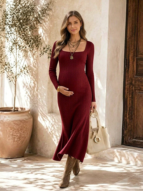 Wine Red Crochet Bodycon Maternity Maxi Dress with Square Neck and Soft Cotton Blend Fabric, Daily Casual