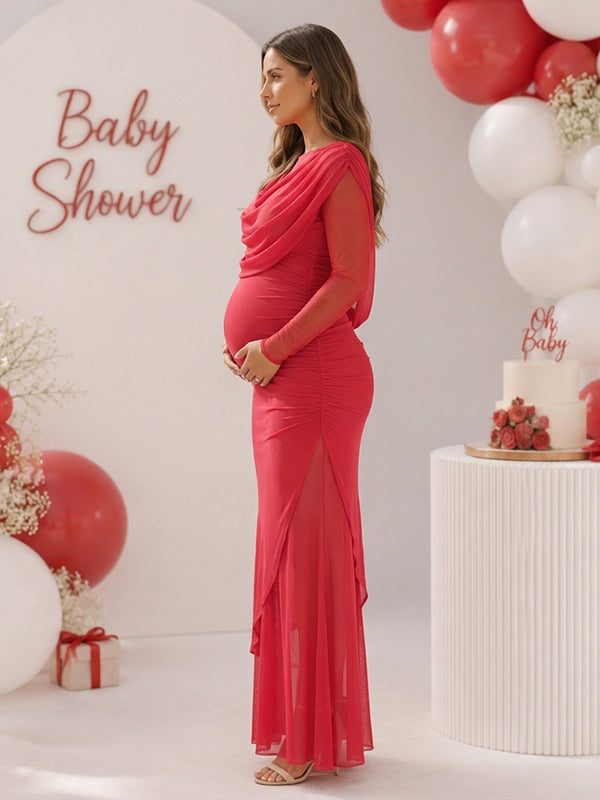 Red Ruched Mesh Baby Shower Maternity Maxi Dress with Irregular Hem Ruched Mesh
