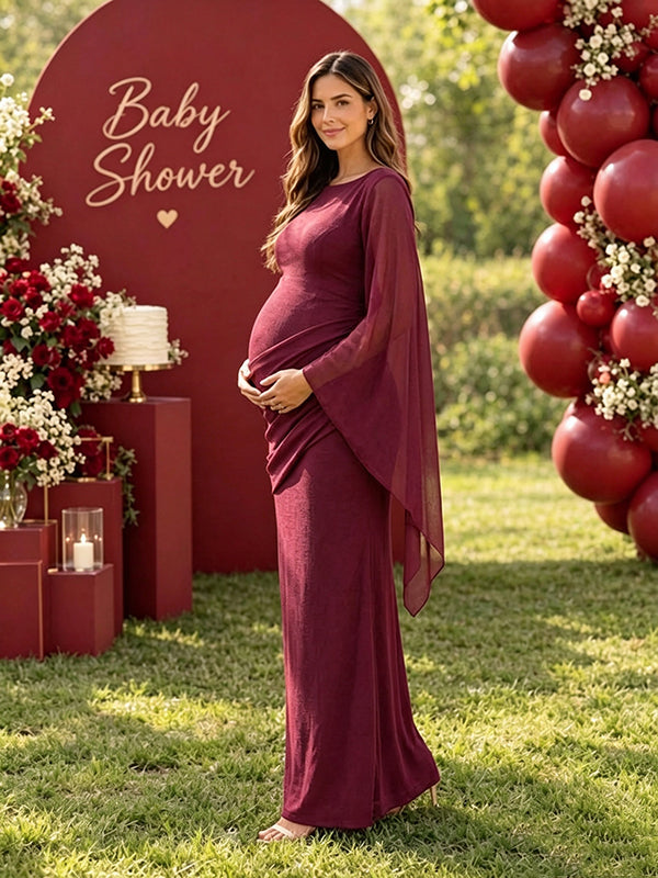 Purple Ruched Flare Sleeve Baby Shower Maternity Maxi Dress with Ruched Flare Sleeves Elegant Bodycon Fit