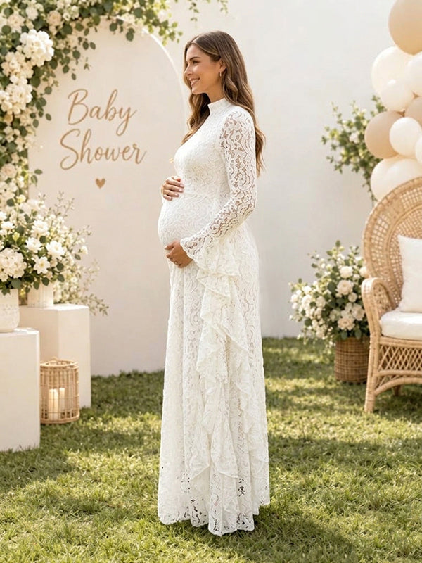 White Lace Falbala Flare Sleeve Baby Shower Maternity Maxi Dress with Lace Falbala Flare Sleeve and Loose Fit, Baby Shower Celebration