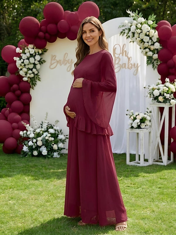 Wine Red Falbala Flare Sleeve Baby Shower Maternity Maxi Dress with Falbala Flare Sleeve & Lace-Up Back Maxi Dress Fit