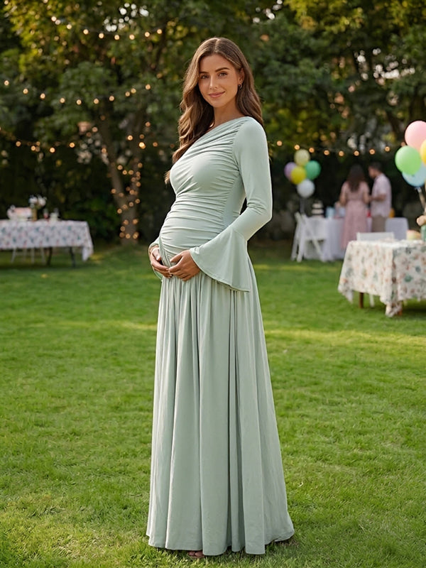 Green Ruched Irregular Collar Baby Shower Maternity Maxi Dress with Ruched Irregular Collar Loose Fit Full Skirt