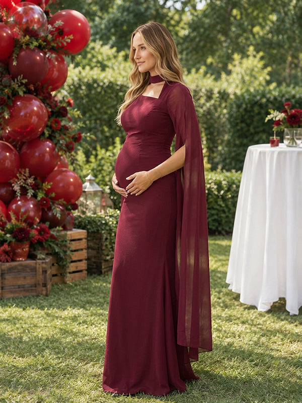Wine Red Cut Out Baby Shower Maternity Maxi Dress with Side Slit Cut Out Details Flowy Loose Fit