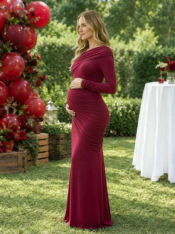 Wine Red Oblique Shoulder Ruched Baby Shower Maternity Maxi Dress with Elegant Ruched Details Oblique Shoulder Bodycon
