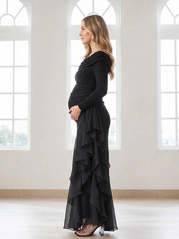 Black Mesh Falbala Irregular Ceremony Maternity Maxi Dress with Mesh Falbala Details Irregular Ceremony Fit