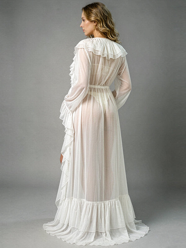 White Mesh Falbala Side Slit Photoshoot Maternity Maxi Dress with Mesh Falbala Details