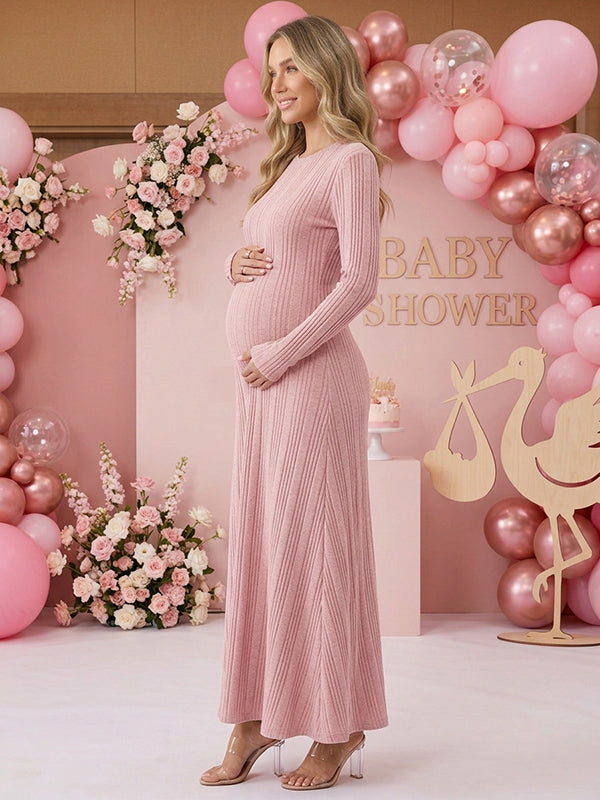 Pink Striped Crochet A-Line Baby Shower Maternity Maxi Dress with Crochet Details A-Line Stretchy