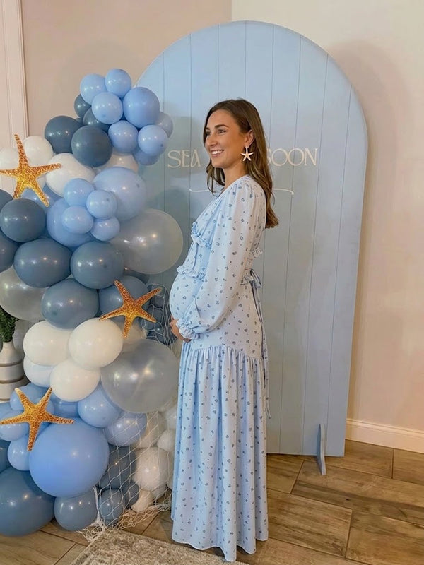 Blue Floral Printed Maternity Long Dress with Ruffled Falbala Trim Slim Bodycon Silhouette