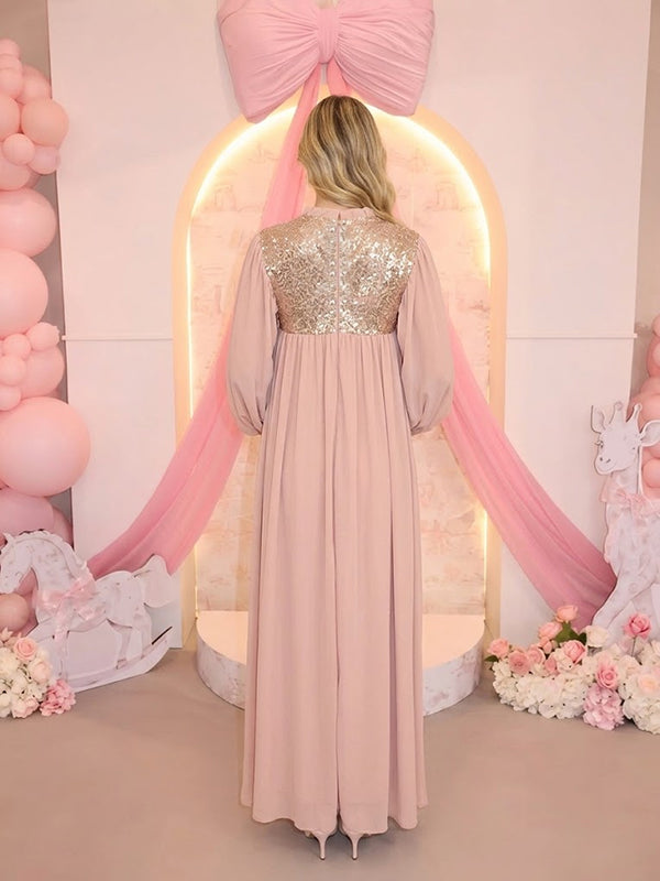 Pink Shimmering Sequin Maternity Dress with Glitter Accents Flowy Loose Silhouette