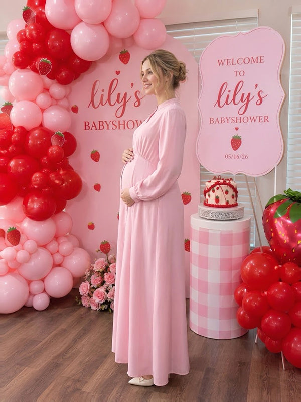 Pink Single-Breasted Maternity Long Dress with Front Button Closure Flowy Loose Silhouette