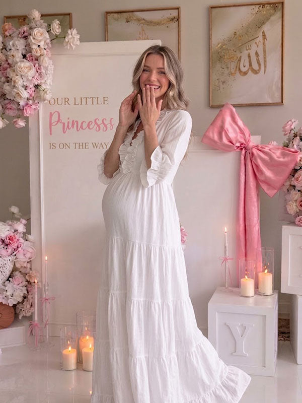 Elegant White V-Neck Maternity Photoshoot Maxi Dress with Falbala Trims and Tiered Skirt