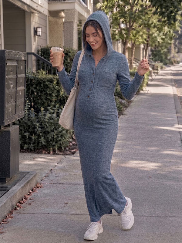 Blue Long Sleeve Maternity Gown with Irregular Collar and Chest Flap Pockets Daily Fit