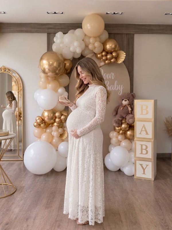 Elegant White Mock Neck Lace Maternity Gown with Sheer Long Sleeves and A-Line Flowy Skirt
