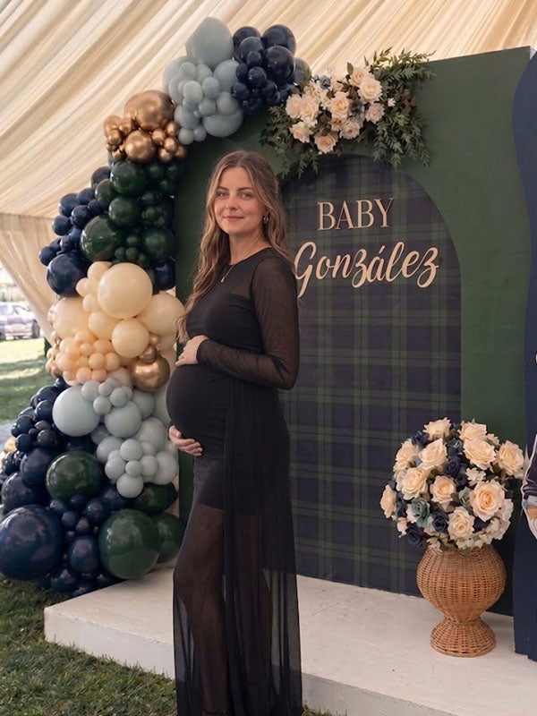 Sheer Mesh Long Sleeve Black Maternity Gown with Fitted Mini Underslip Baby Shower Fit
