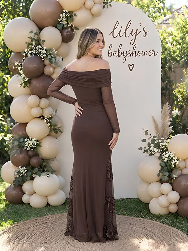 Brown Embroidered Maternity Dress with Soft Tulle Detailing Slim Bodycon Silhouette