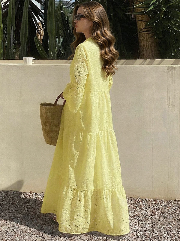 Yellow Eyelet Embroidery A-Line Maternity Maxi Dress with Single Breasted Front A-Line