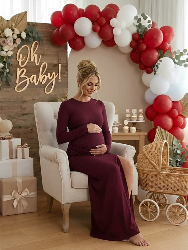 Wine Red Side Slit Ruched Baby Shower Maternity Maxi Dress with Ruched Detailing Side Slit