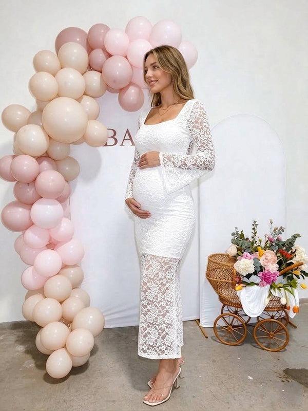 White Lace Maternity Maxi Dress with Flare Sleeves and Side Slit