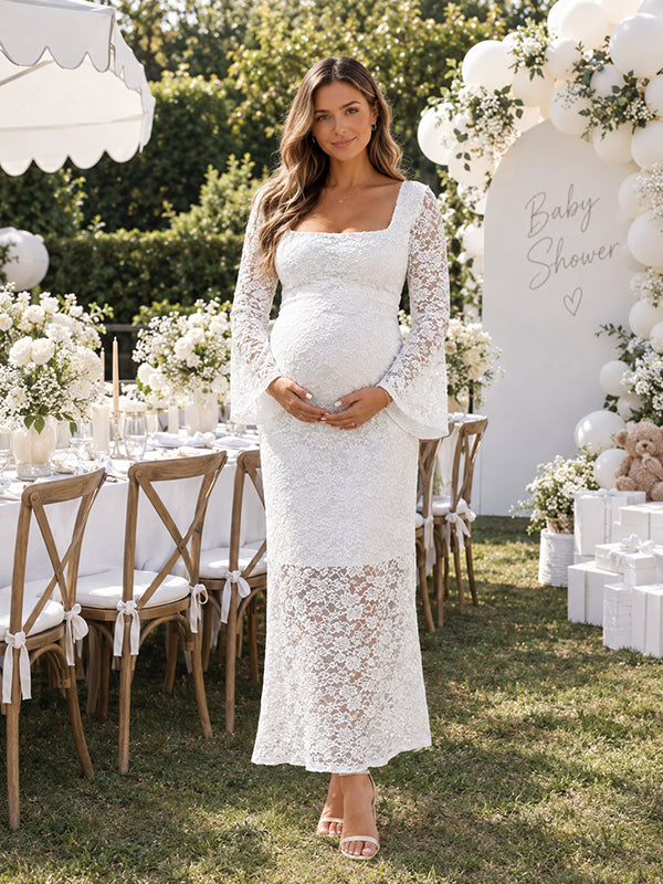 White Lace Maternity Maxi Dress with Side Slit and Flare Sleeve Design Bodycon Fit