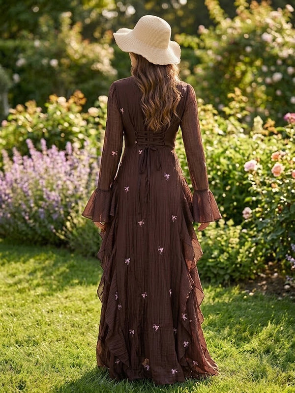 Brown Floral Maternity Maxi Dress with Falbala Lace-Up Design Bodycon Fit