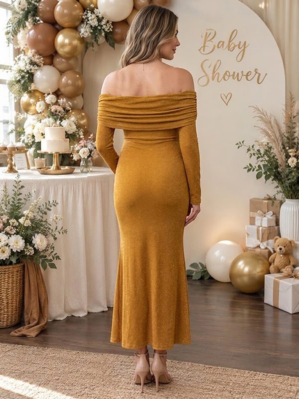 Golden Off Shoulder Mesh Maternity Maxi Dress with Elegant Design Bodycon Fit