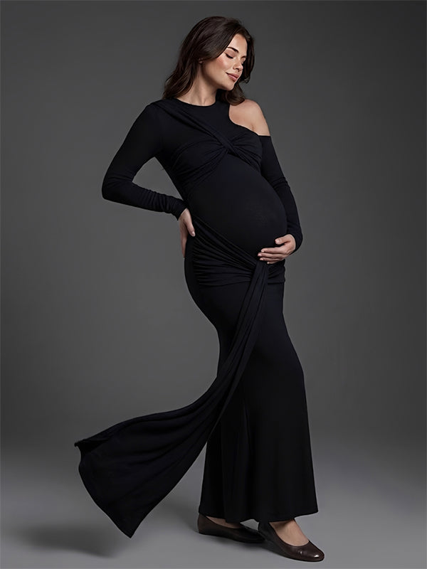 Black Draped Hem Maternity Maxi Dress with One-Shoulder Design Bodycon Fit