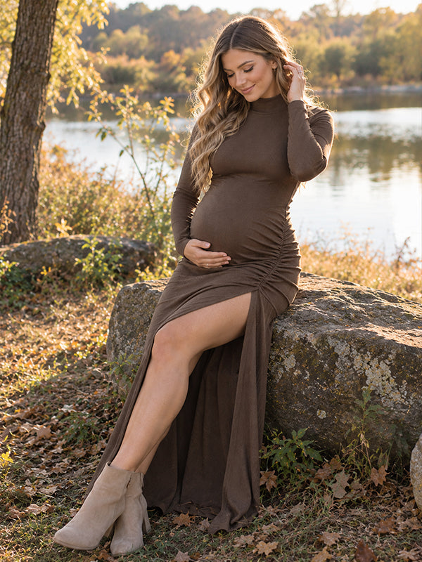 Brown Maternity Dress with Ruched Details and Side Slit Bodycon Silhouette