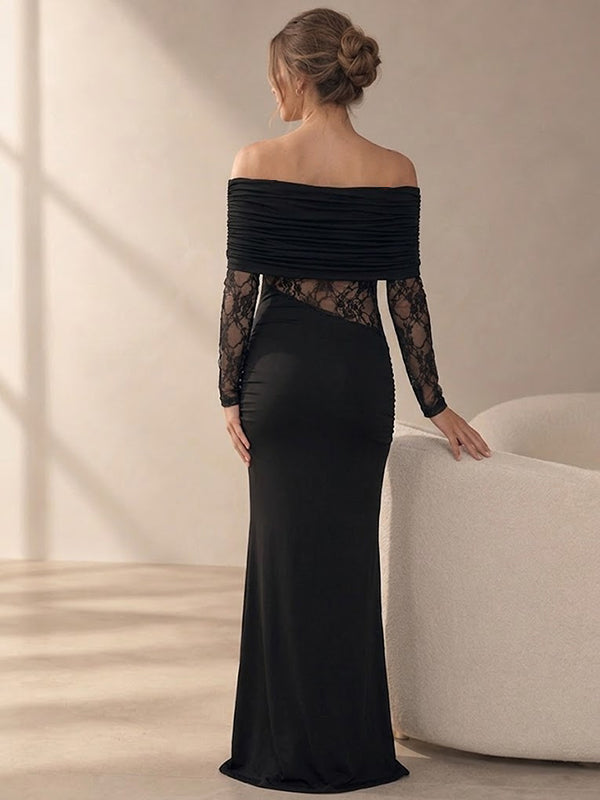 Black Lace Maternity Dress with Off-Shoulder Splicing Sleek Bodycon Silhouette
